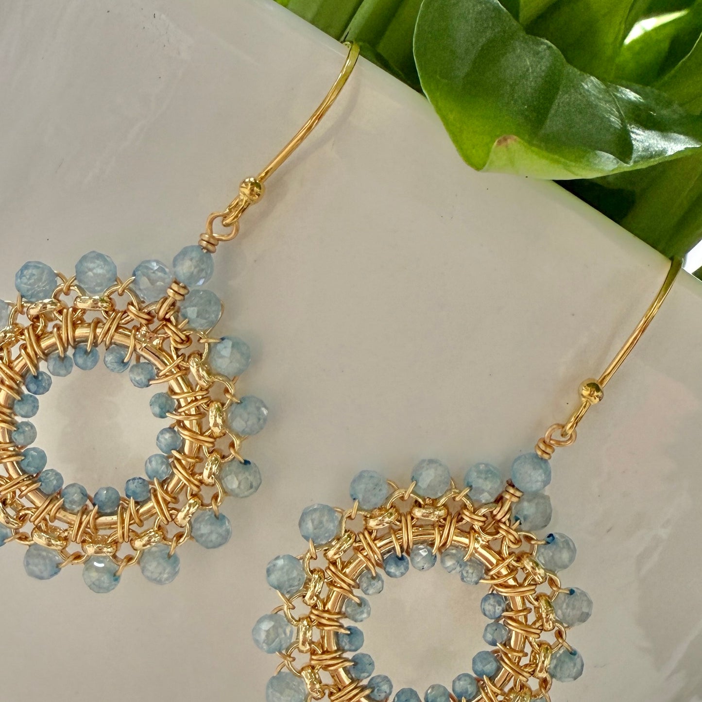 Powder Blue Quartz & Cornflower Blue Kyanite Rolo Round Beaded Earrings