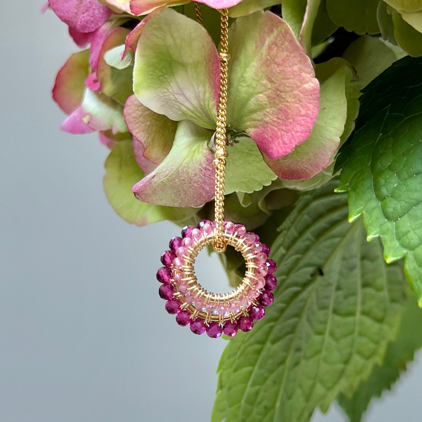 Fuchsia Pink Garnet & Pale Pink (Midi Bead) Double Pendant Necklace