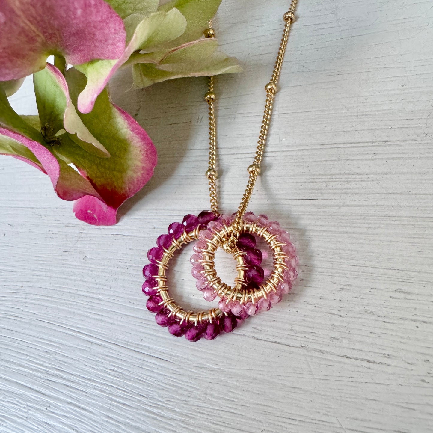 Fuchsia Pink Garnet & Pale Pink (Midi Bead) Double Pendant Necklace