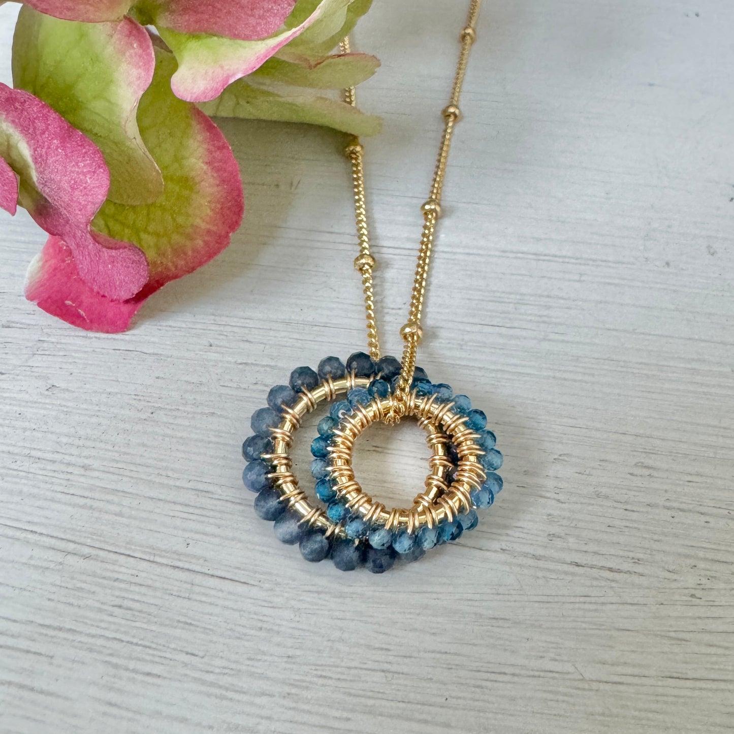 Dark Denim Iolite & Topaz Blue Azurite (Midi Bead) Double Pendant Necklace