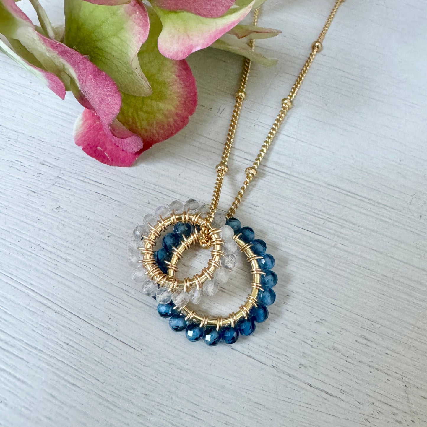 Topaz Blue Azurite & Grey Labradorite (Midi Bead) Double Pendant Necklace