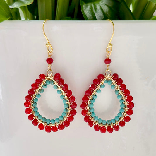 Red Jade & Turquoise Double Beaded Midi Teardrop Earrings