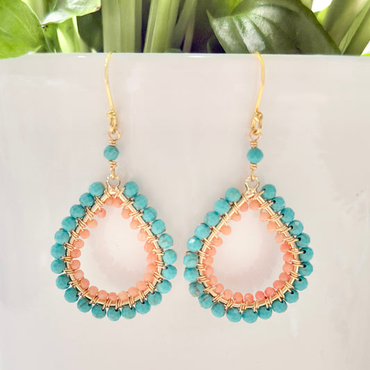Turquoise & Apricot Coral Double Beaded Midi Teardrop Earrings