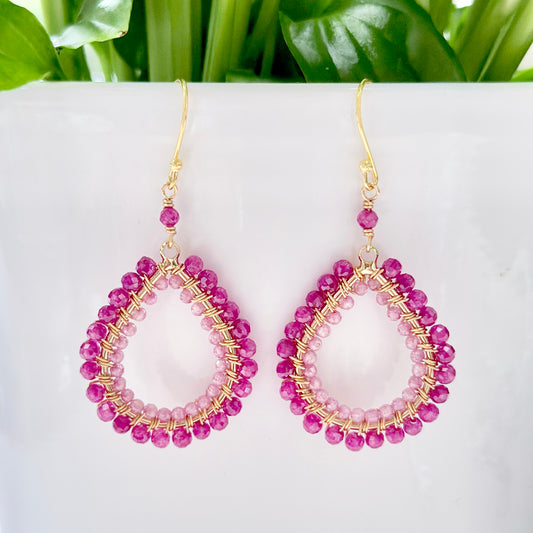 Fuchsia Pink & Pale Pink Garnet Double Beaded Midi Teardrop Earrings