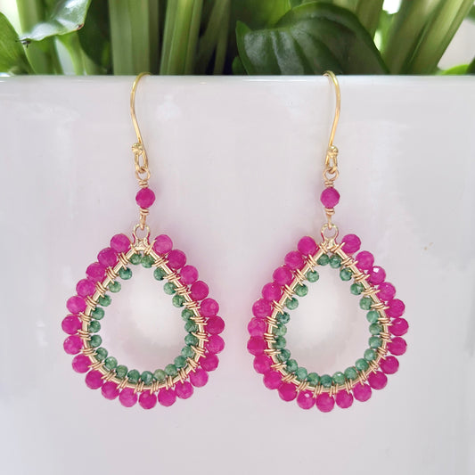 Fuchsia Pink & Apple Green Jade Double Beaded Midi Teardrop Earrings