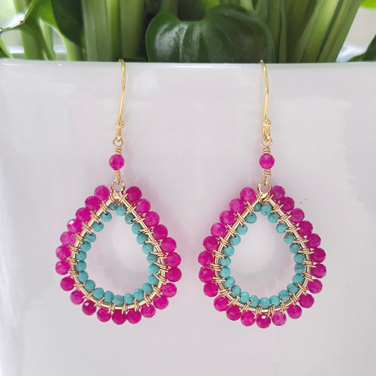 Fuchsia Pink & Turquoise Double Beaded Midi Teardrop Earrings