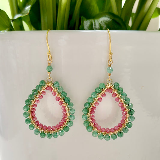 Apple Green Jade & Candy Pink Garnet Double Beaded Midi Teardrop Earrings