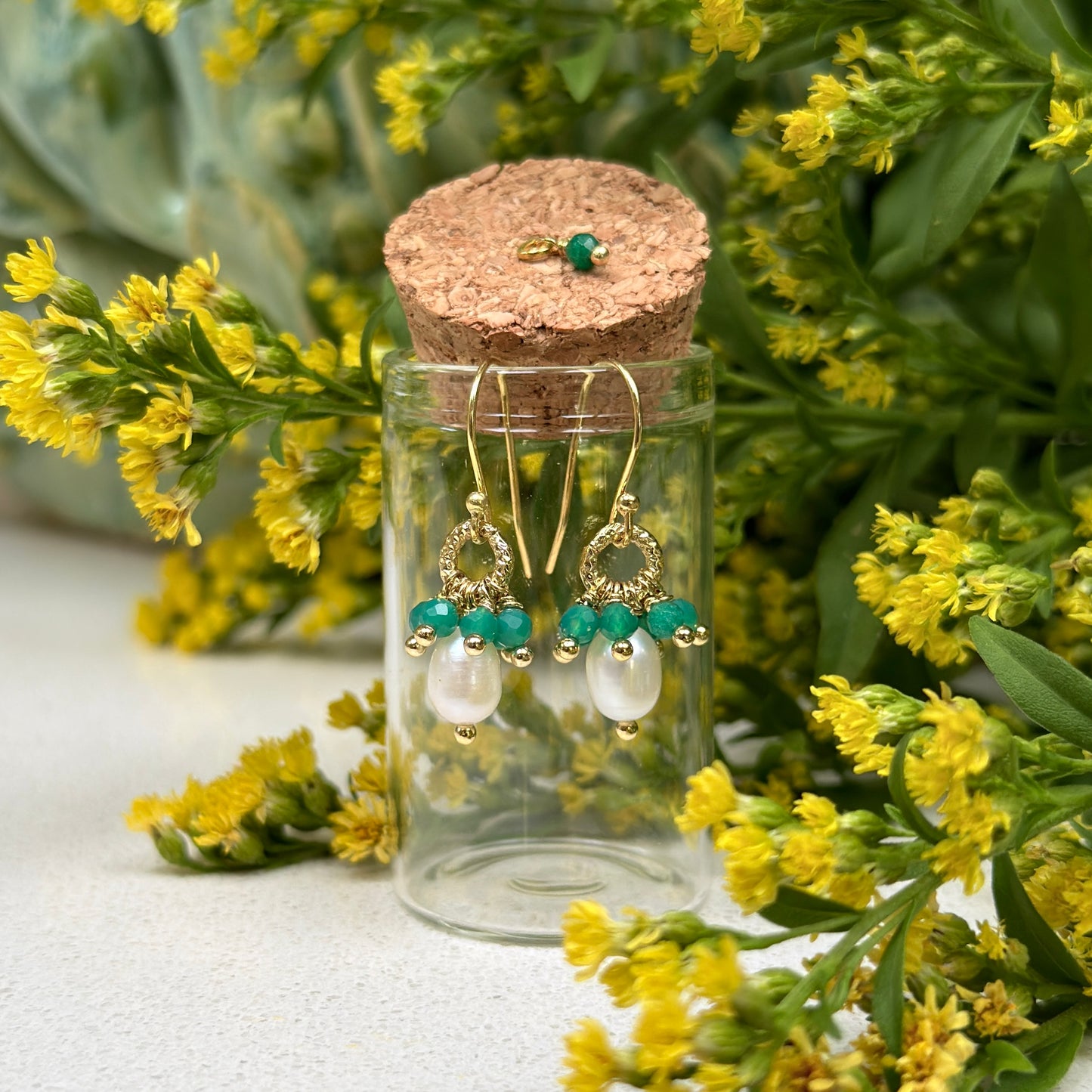 Mid-Emerald Jade & Freshwater Pearl Drop Earrings in Corked Tube