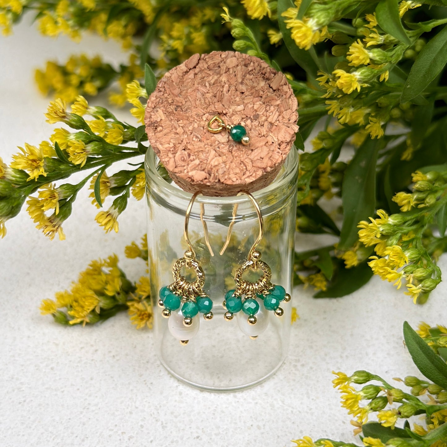 Mid-Emerald Jade & Freshwater Pearl Drop Earrings in Corked Tube