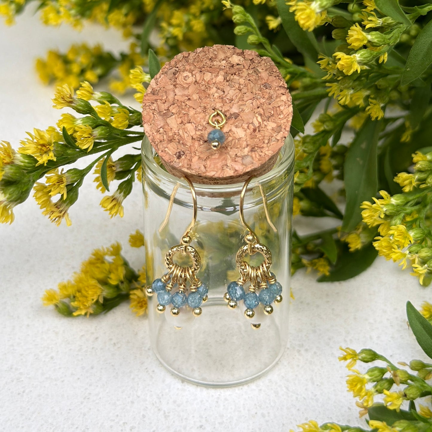 Pale Denim Azurite & Freshwater Pearl Drop Earrings in Corked Tube