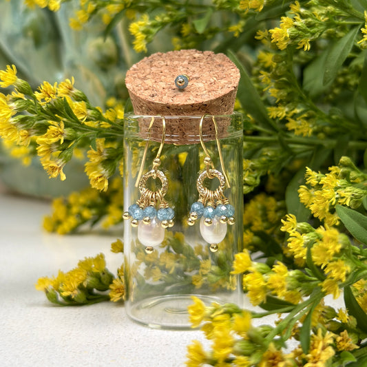 Pale Denim Azurite & Freshwater Pearl Drop Earrings in Corked Tube