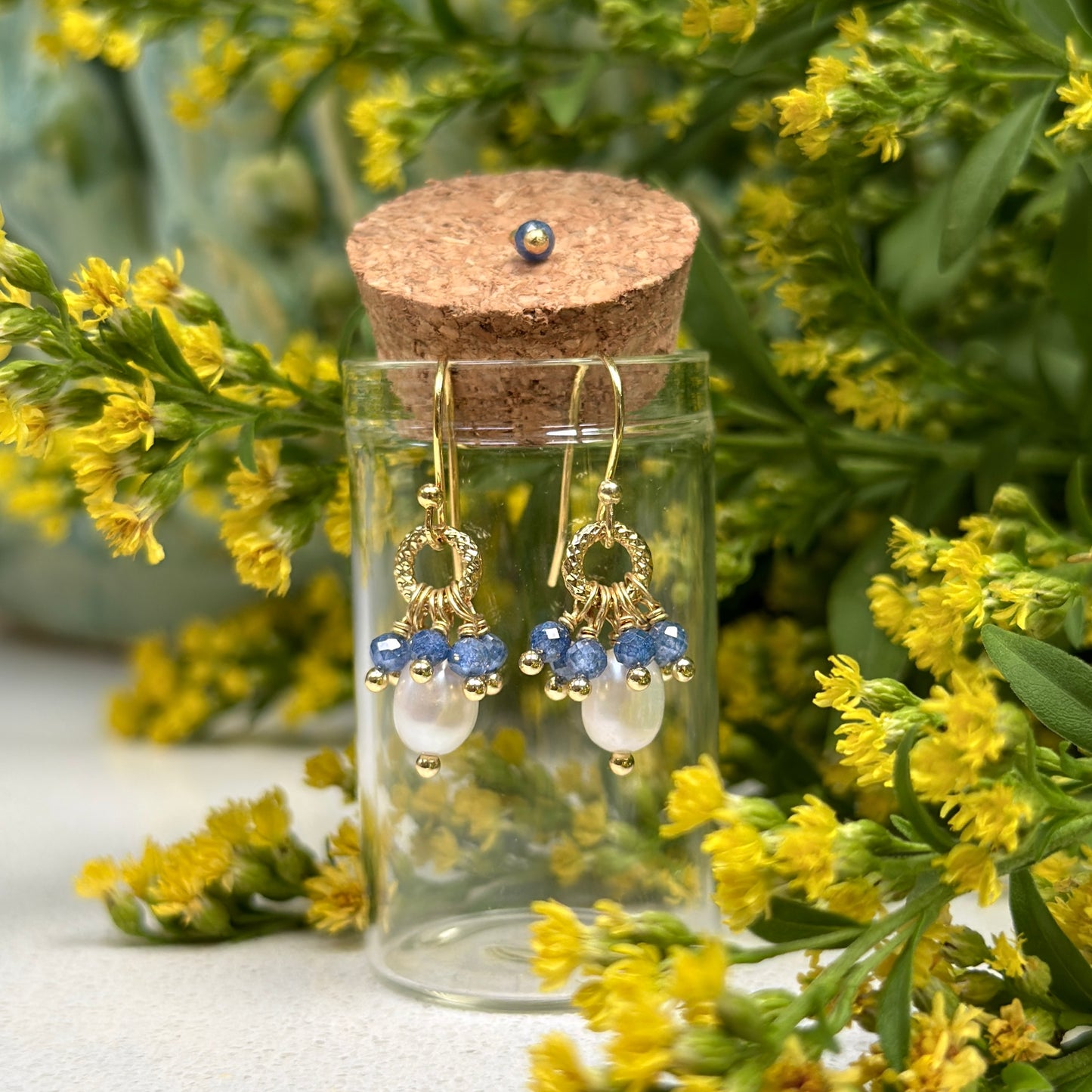 Royal Blue Azurite & Freshwater Pearl Drop Earrings in Corked Tube