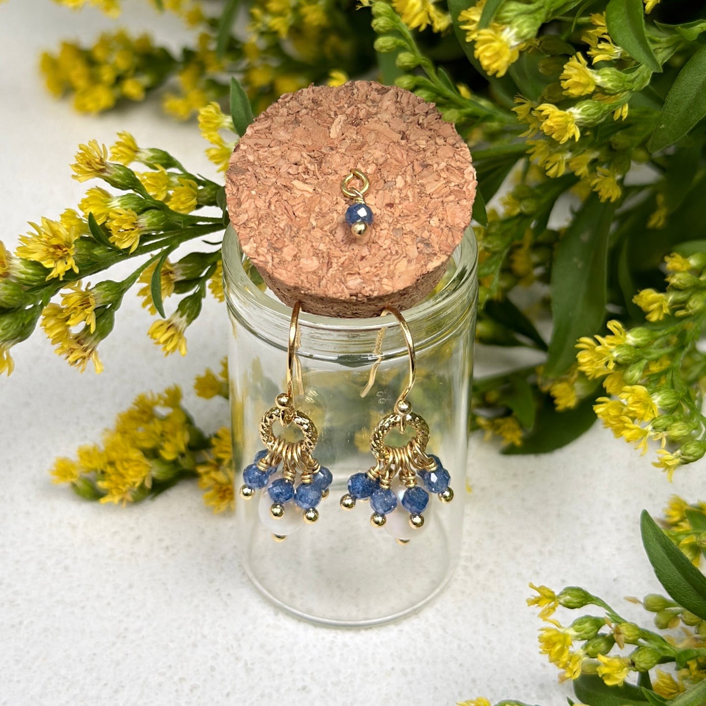 Royal Blue Azurite & Freshwater Pearl Drop Earrings in Corked Tube