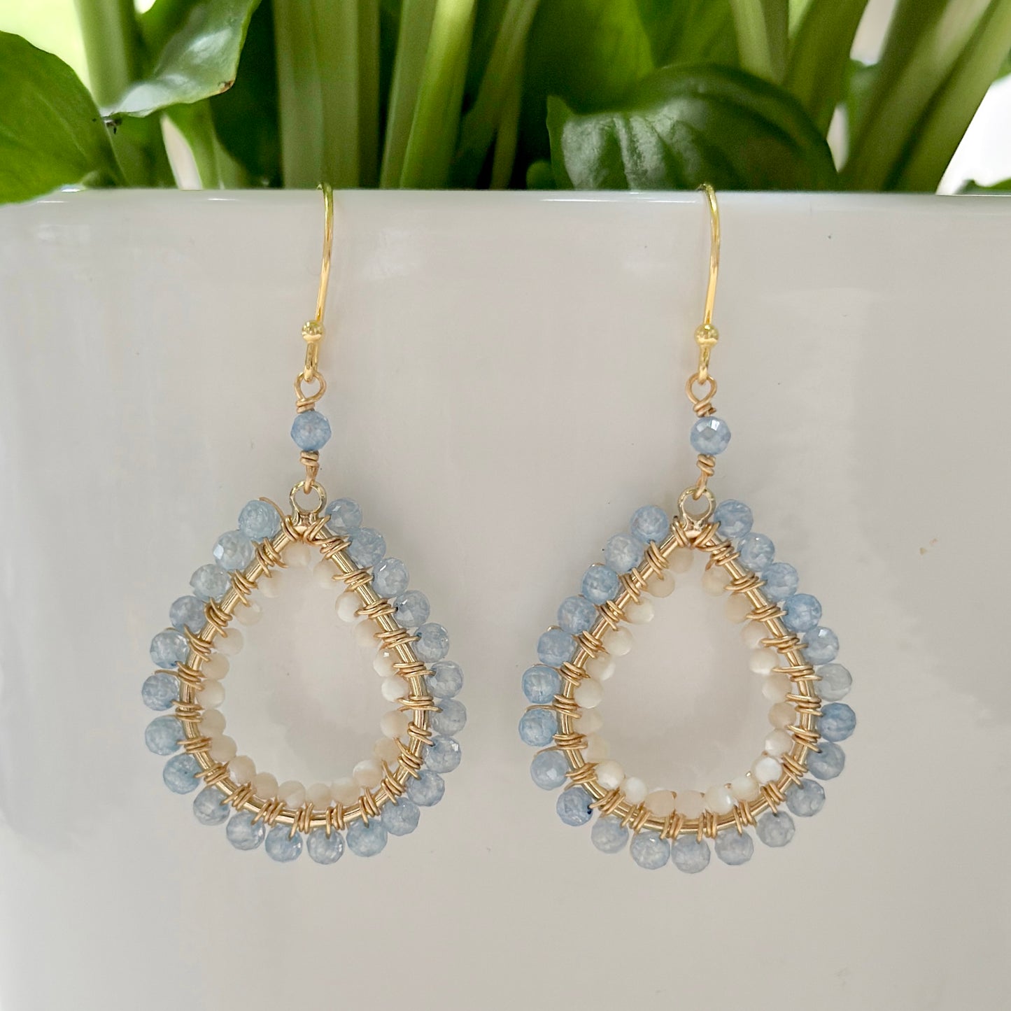 Powder Blue Quartz & Ivory Shell Double Beaded Midi Teardrop Earrings