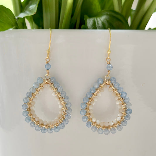 Powder Blue Quartz & Ivory Shell Double Beaded Midi Teardrop Earrings