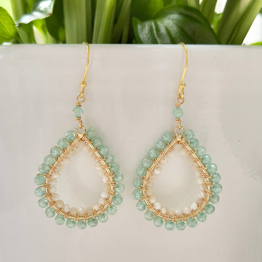 Mint Green Jade & Ivory Shell Double Beaded Midi Teardrop Earrings