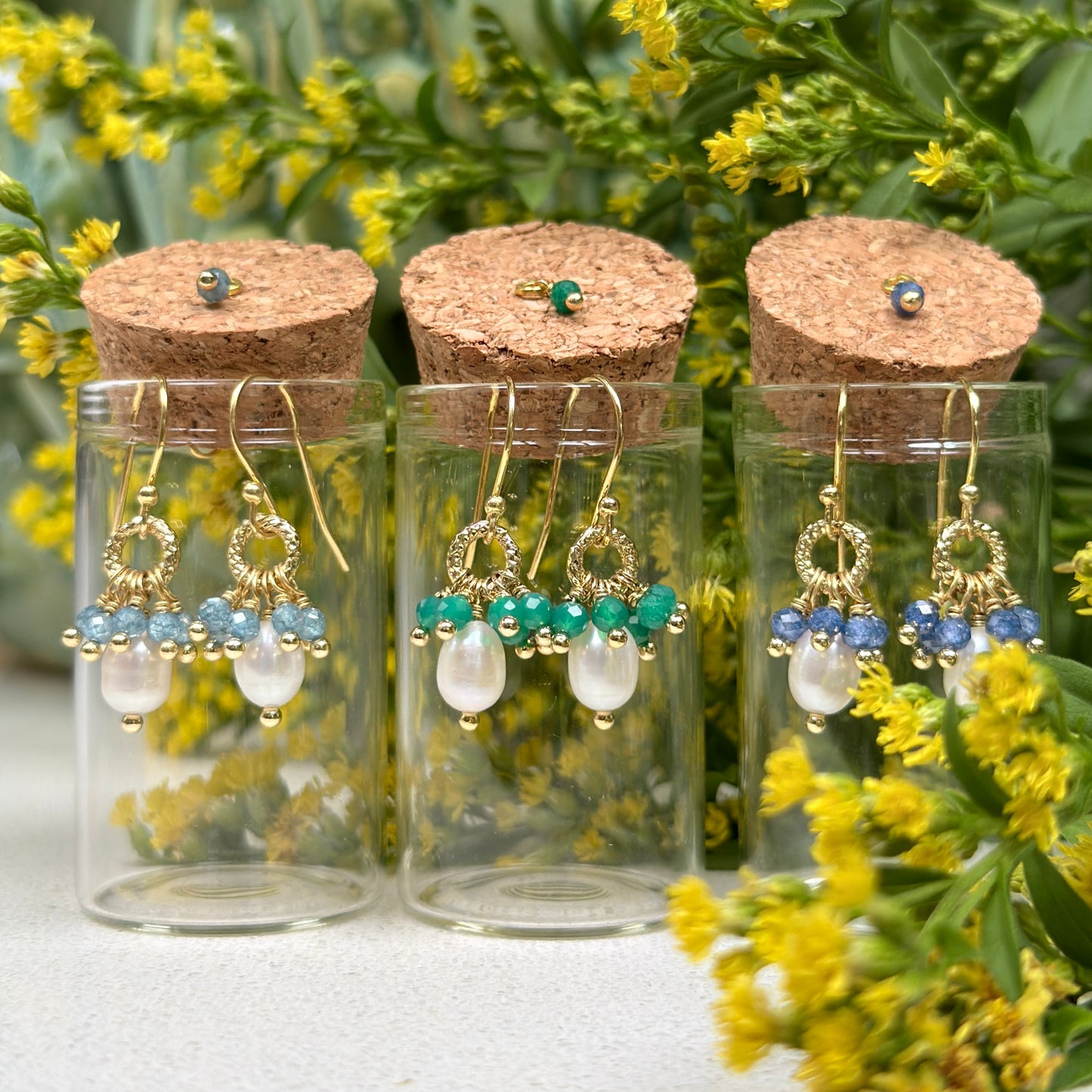 Pale Denim Azurite & Freshwater Pearl Drop Earrings in Corked Tube