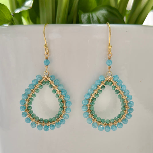 Aqua Quartz & Green Jade Double Beaded Midi Teardrop Earrings