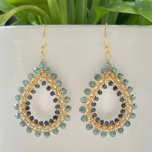 Pale Denim Blue Azurite & Dark Denim Iolite Medium Rolo Teardrop Beaded Earrings
