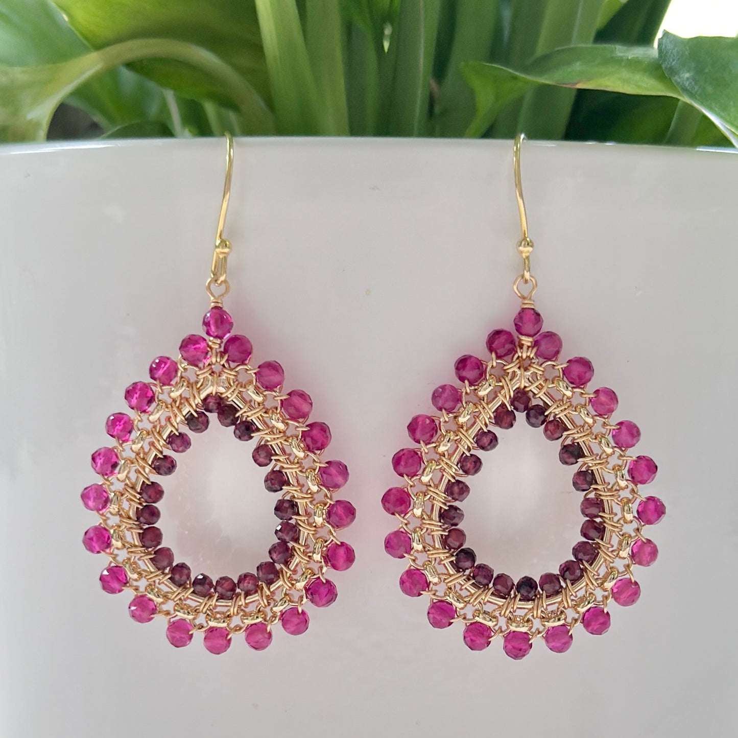 Fuchsia Pink & Burgundy Garnet Medium Rolo Teardrop Beaded Earrings