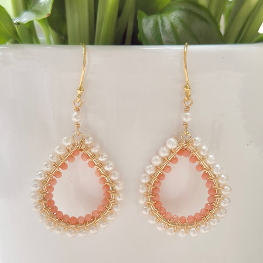 Freshwater Pearl & Apricot Coral Double Beaded Midi Teardrop Earrings