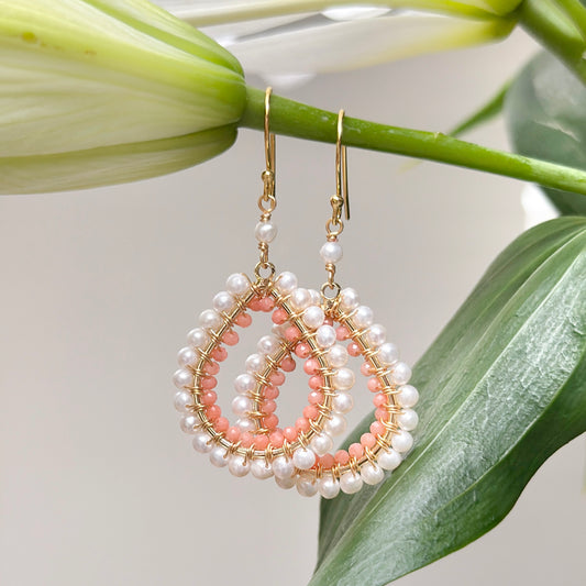 Freshwater Pearl & Apricot Coral Double Beaded Midi Teardrop Earrings