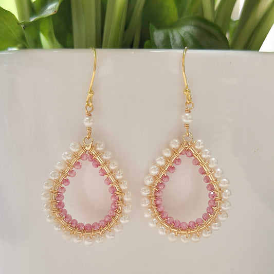 Freshwater Pearl & Dusky Pink Garnet Double Beaded Midi Teardrop Earrings