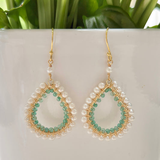 Freshwater Pearl & Mint Jade Double Beaded Midi Teardrop Earrings