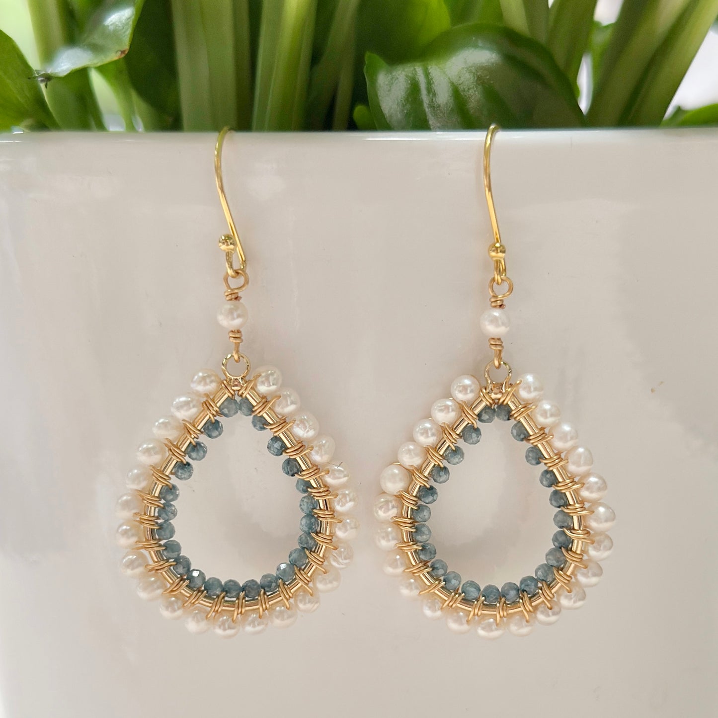 Freshwater Pearl & Pale Denim Azurite Double Beaded Midi Teardrop Earrings