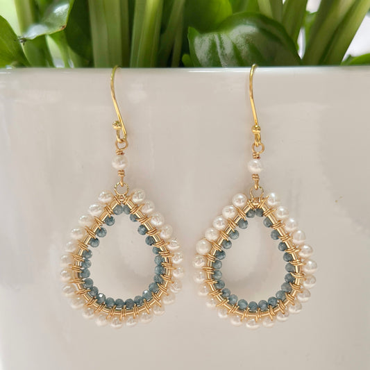 Freshwater Pearl & Pale Denim Azurite Double Beaded Midi Teardrop Earrings