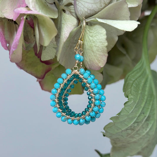 Turquoise Blue & Teal Quartz Double Beaded Midi Teardrop Earrings