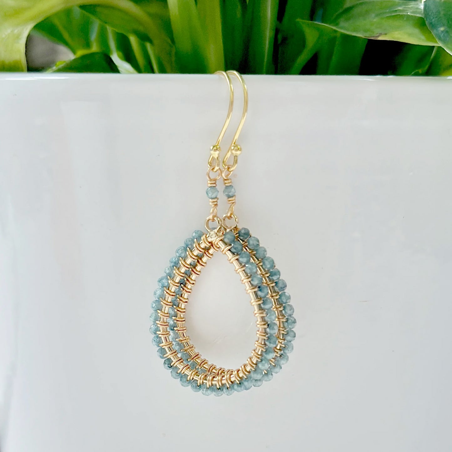 Pale Denim Blue Azurite Midi Teardrop Beaded Earrings