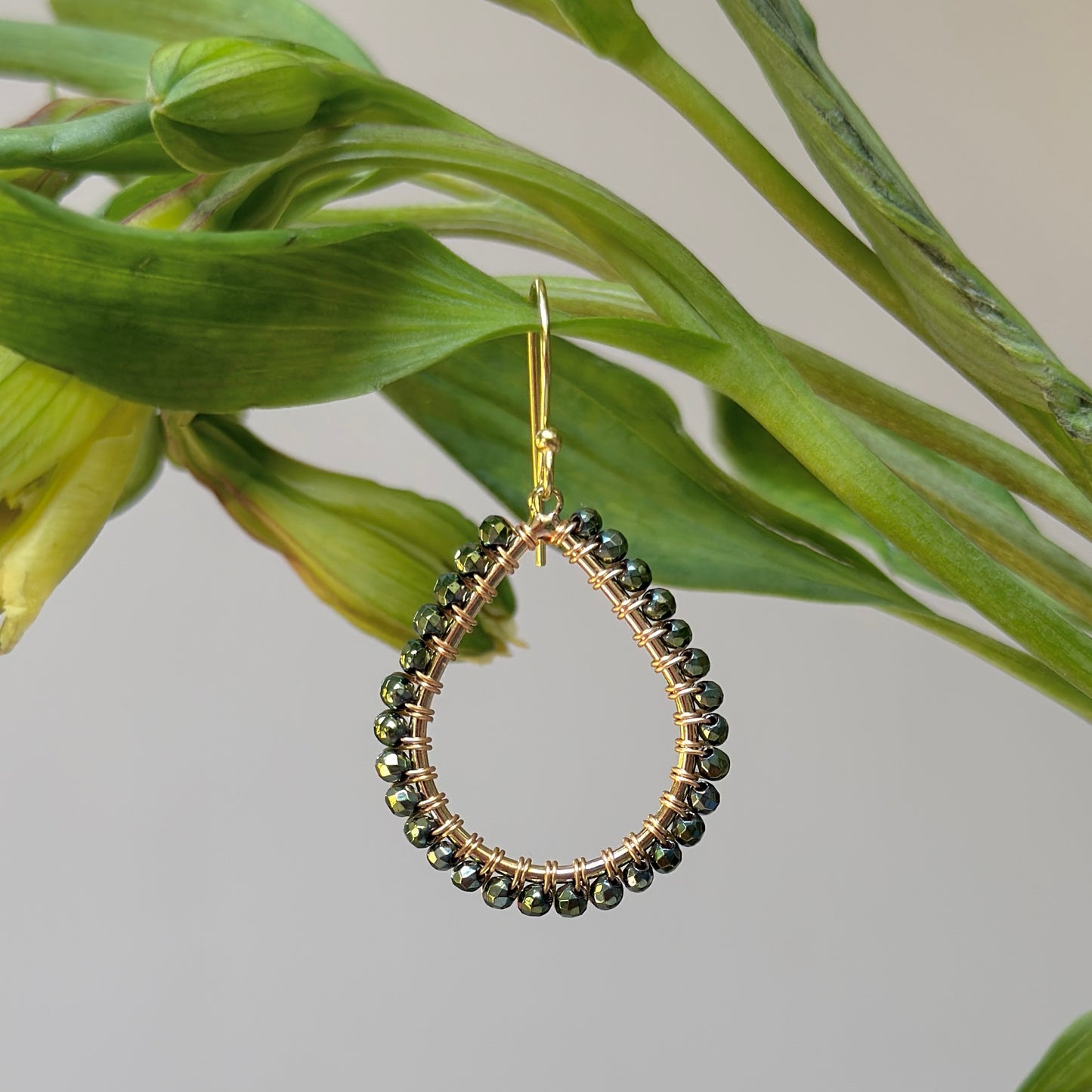 Petrol Green Pyrite Midi Teardrop Beaded Earrings