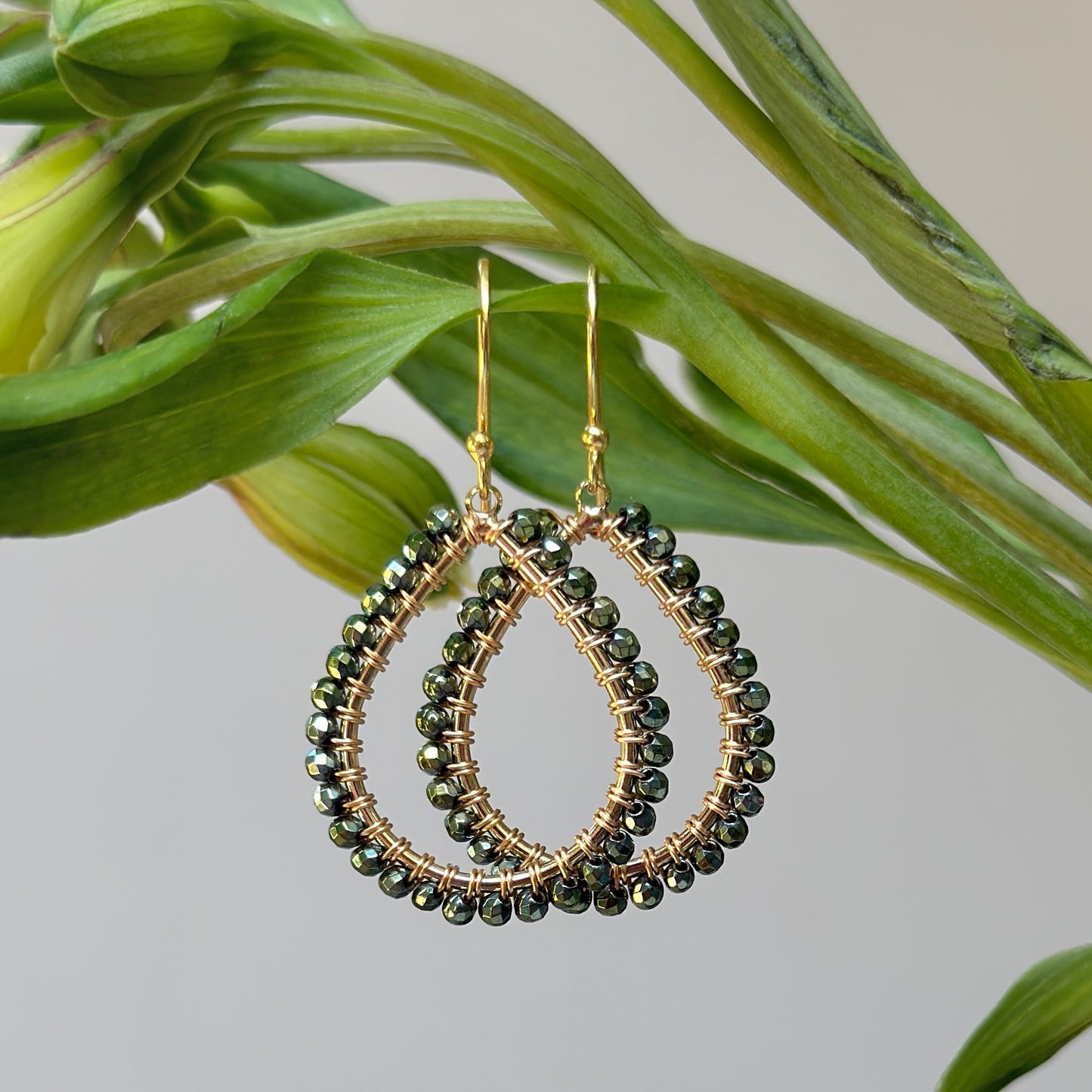 Petrol Green Pyrite Midi Teardrop Beaded Earrings