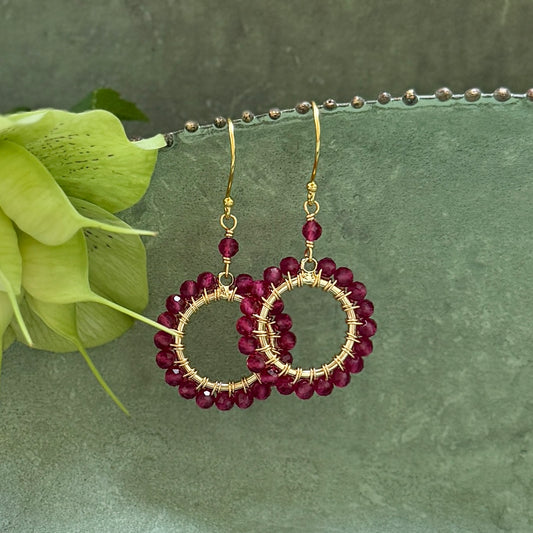 Fuchsia Pink Garnet Mini Round Beaded Earrings