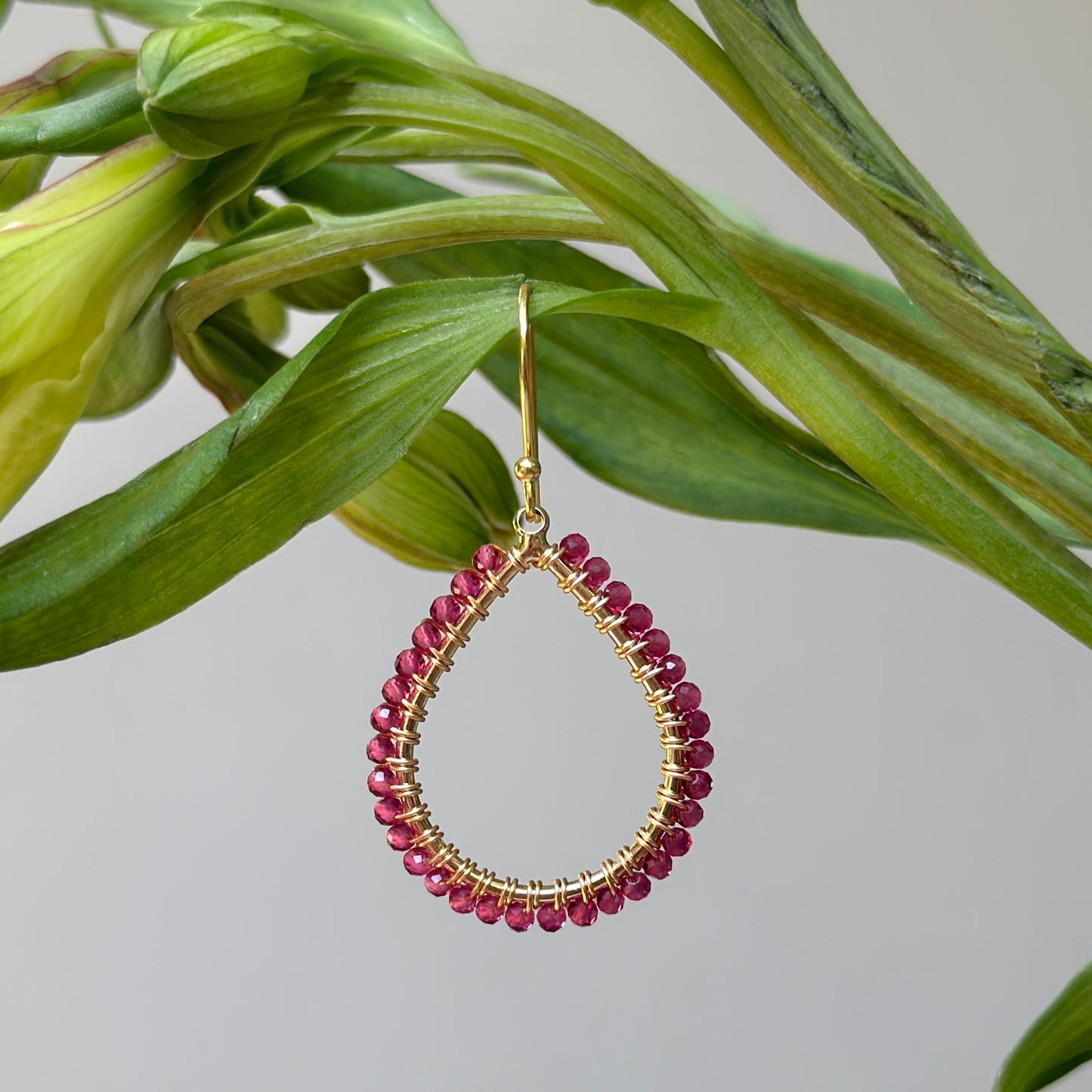 Fuchsia Pink Garnet Midi Teardrop Beaded Earrings