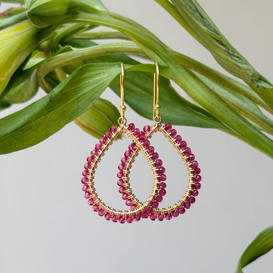 Fuchsia Pink Garnet Midi Teardrop Beaded Earrings