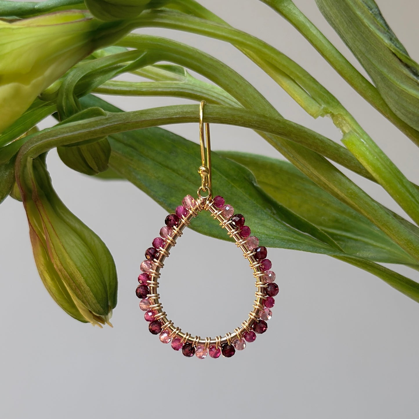 Burgundy Garnet & Pink Jade Ombré Midi Teardrop Beaded Earrings