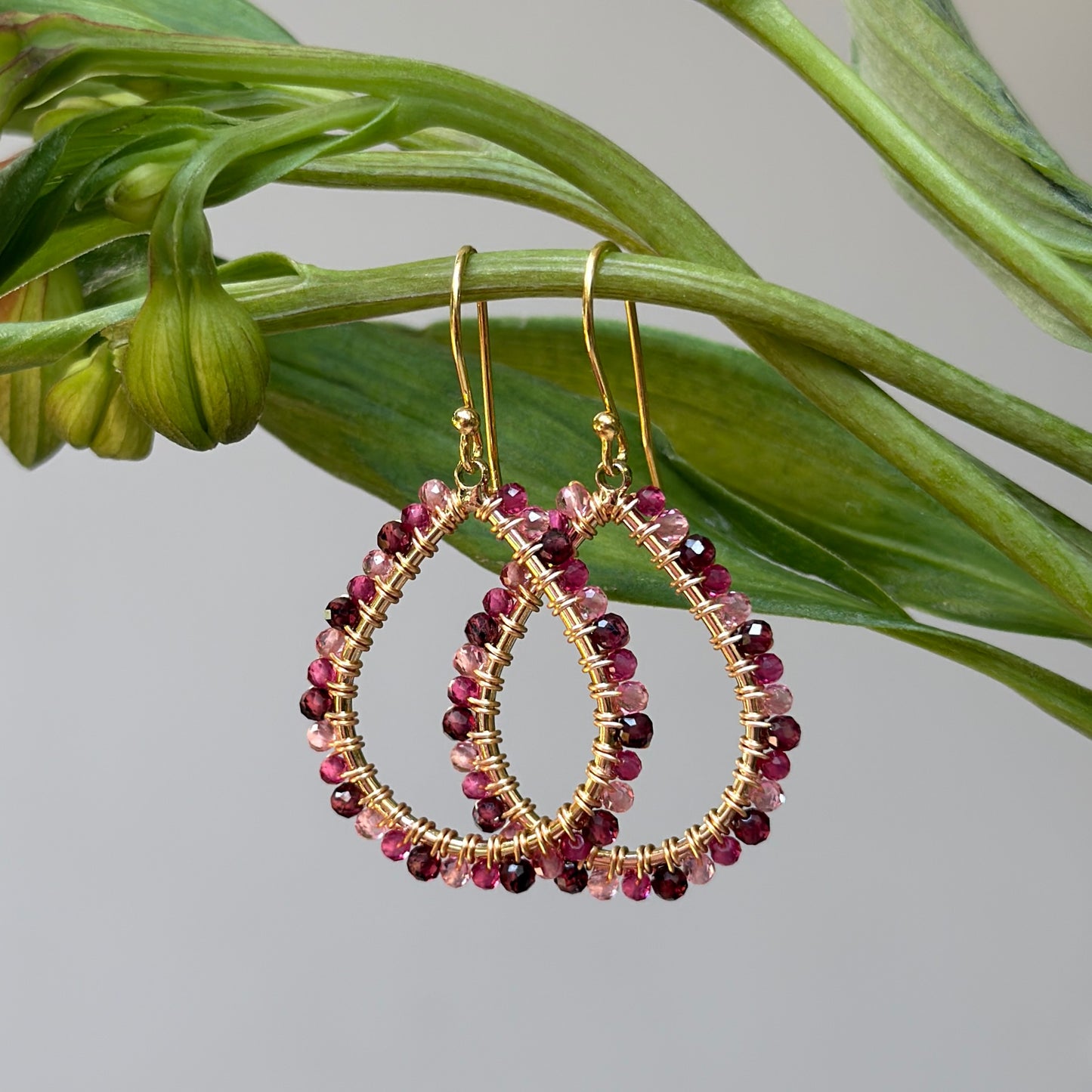 Burgundy Garnet & Pink Jade Ombré Midi Teardrop Beaded Earrings