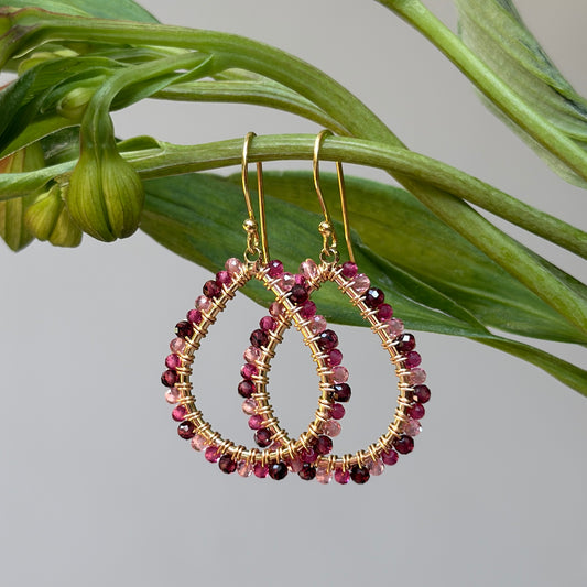 Burgundy Garnet & Pink Jade Ombré Midi Teardrop Beaded Earrings