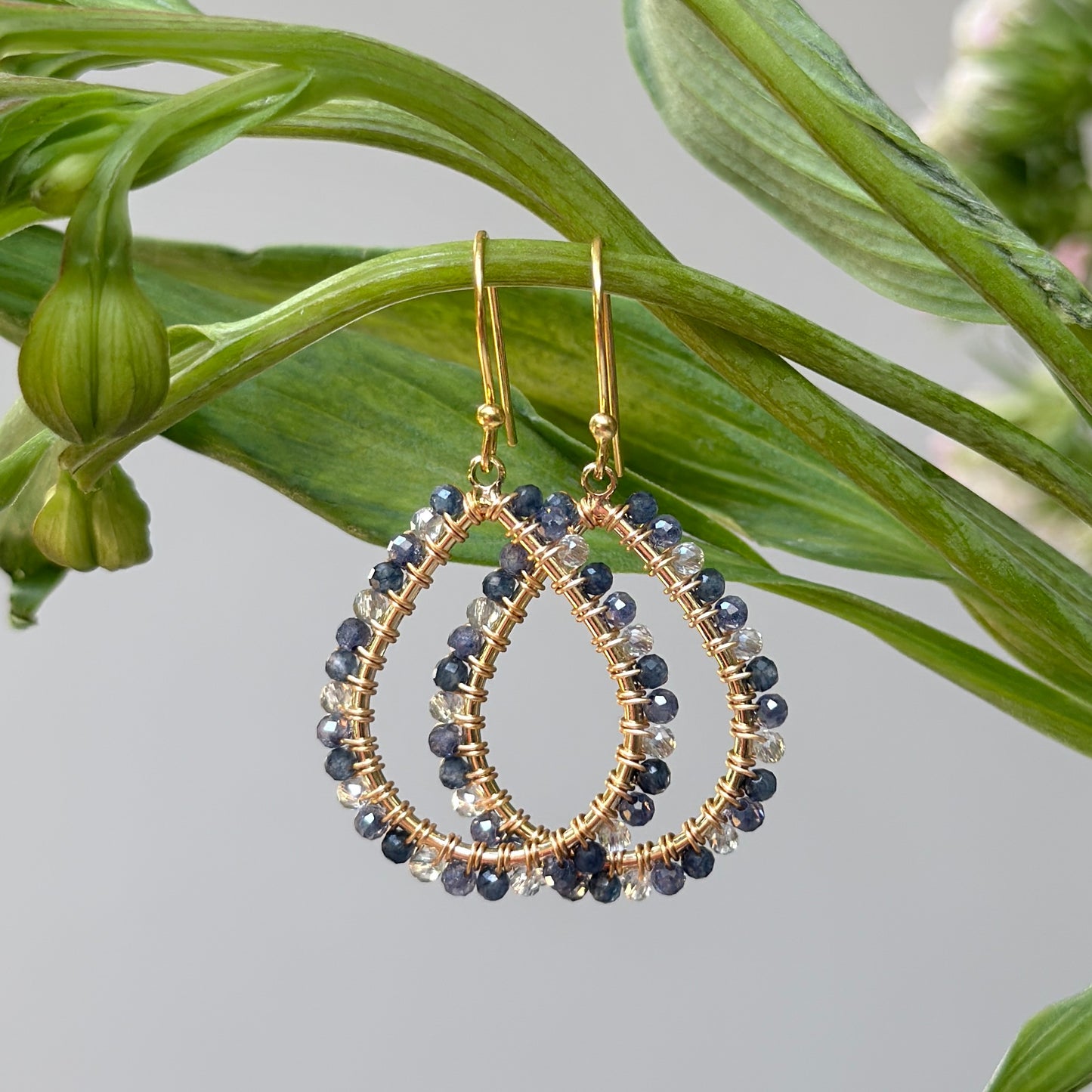 Denim Blue & Grey Labradorite Ombré Midi Teardrop Beaded Earrings