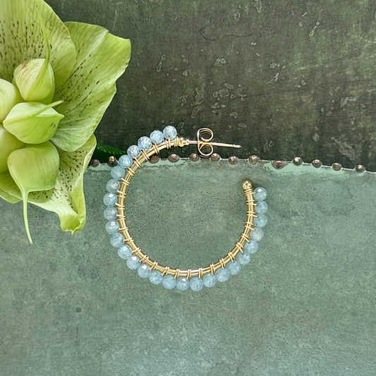 Powder Blue Quartz Solid Midi Hoop Beaded Earrings