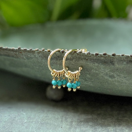 Turquoise 3-Bead Mini Hoop Earrings
