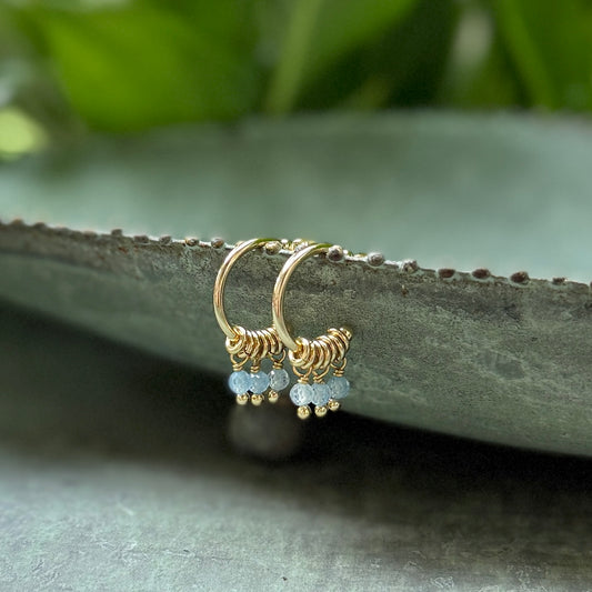 Powder Blue Quartz 3-Bead Mini Hoop Earrings