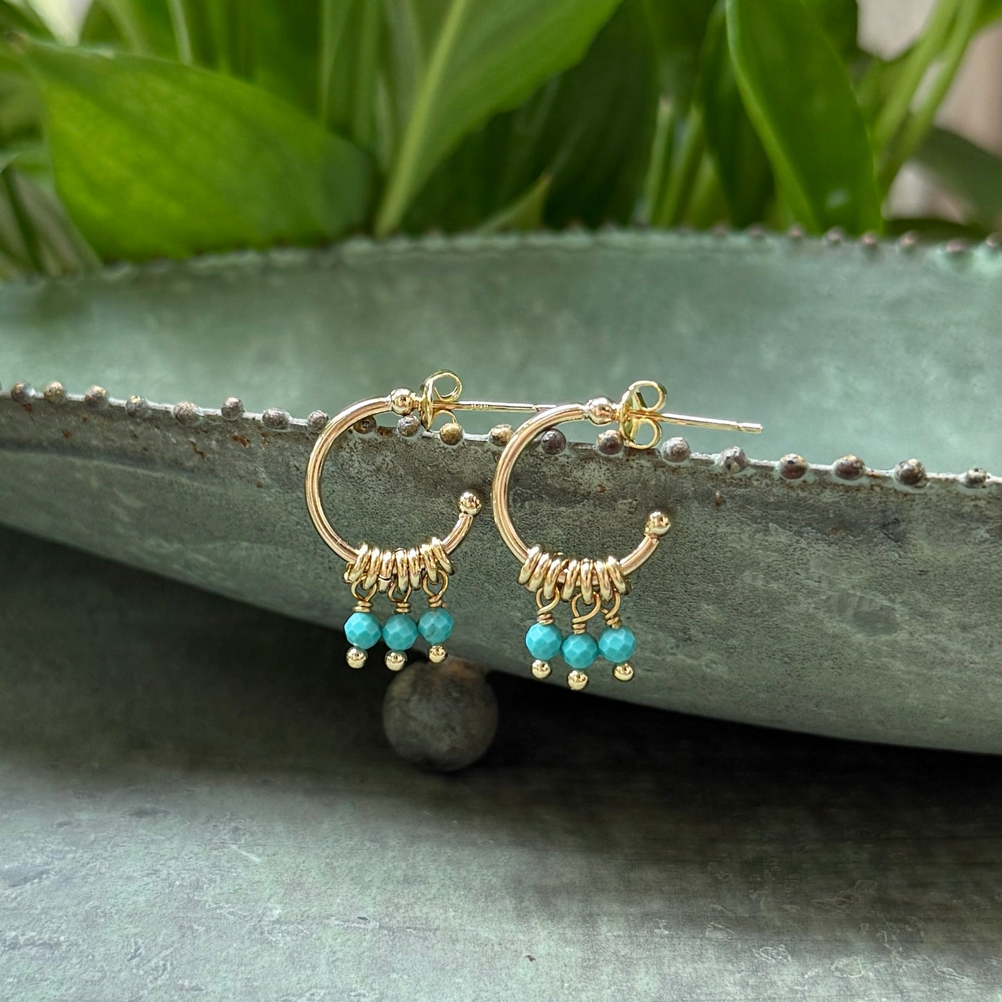 Turquoise 3-Bead Mini Hoop Earrings