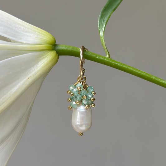 Mini Hoop Earrings With Ibiza Pearl & Pale Mint Green Jade Drops
