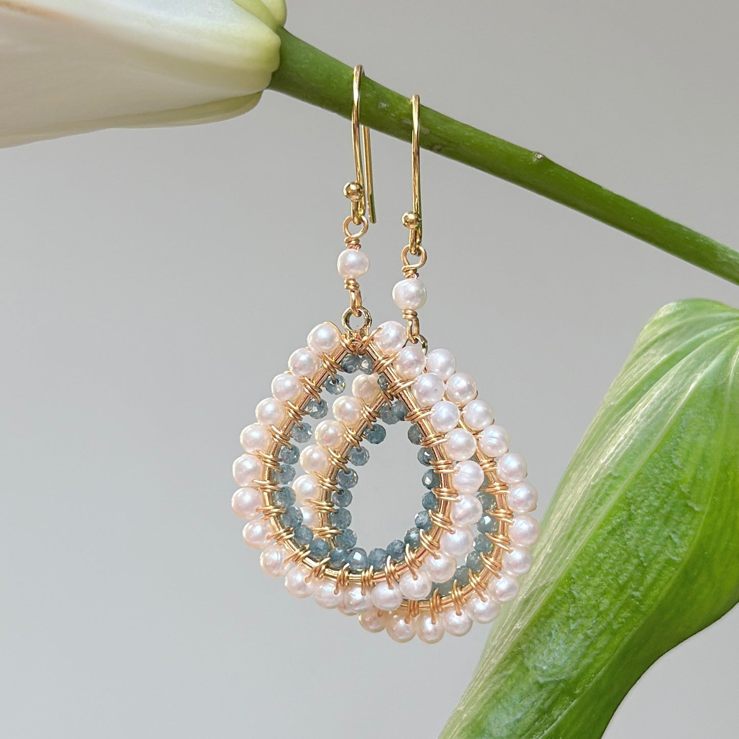 Freshwater Pearl & Pale Denim Azurite Double Beaded Midi Teardrop Earrings