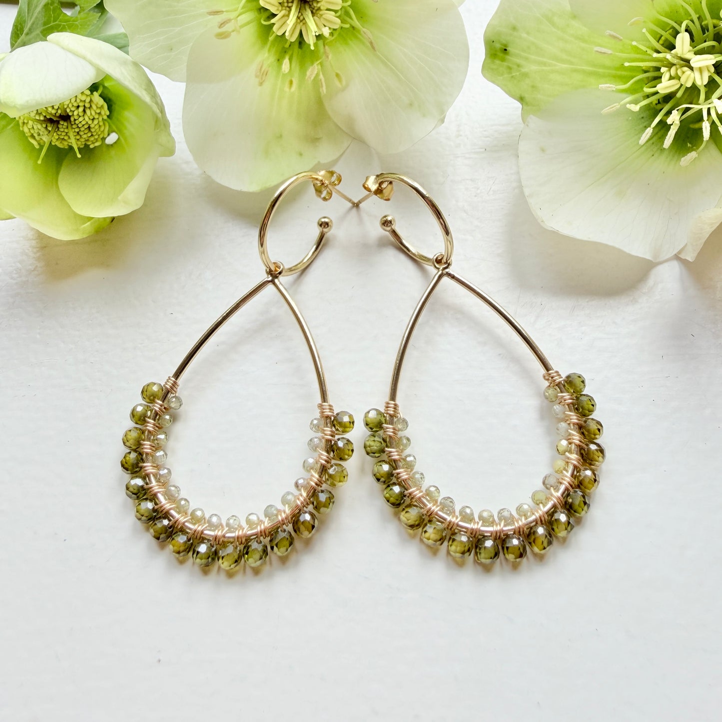 Olive Green Peridot 1/2 Teardrop Earrings On Hoops