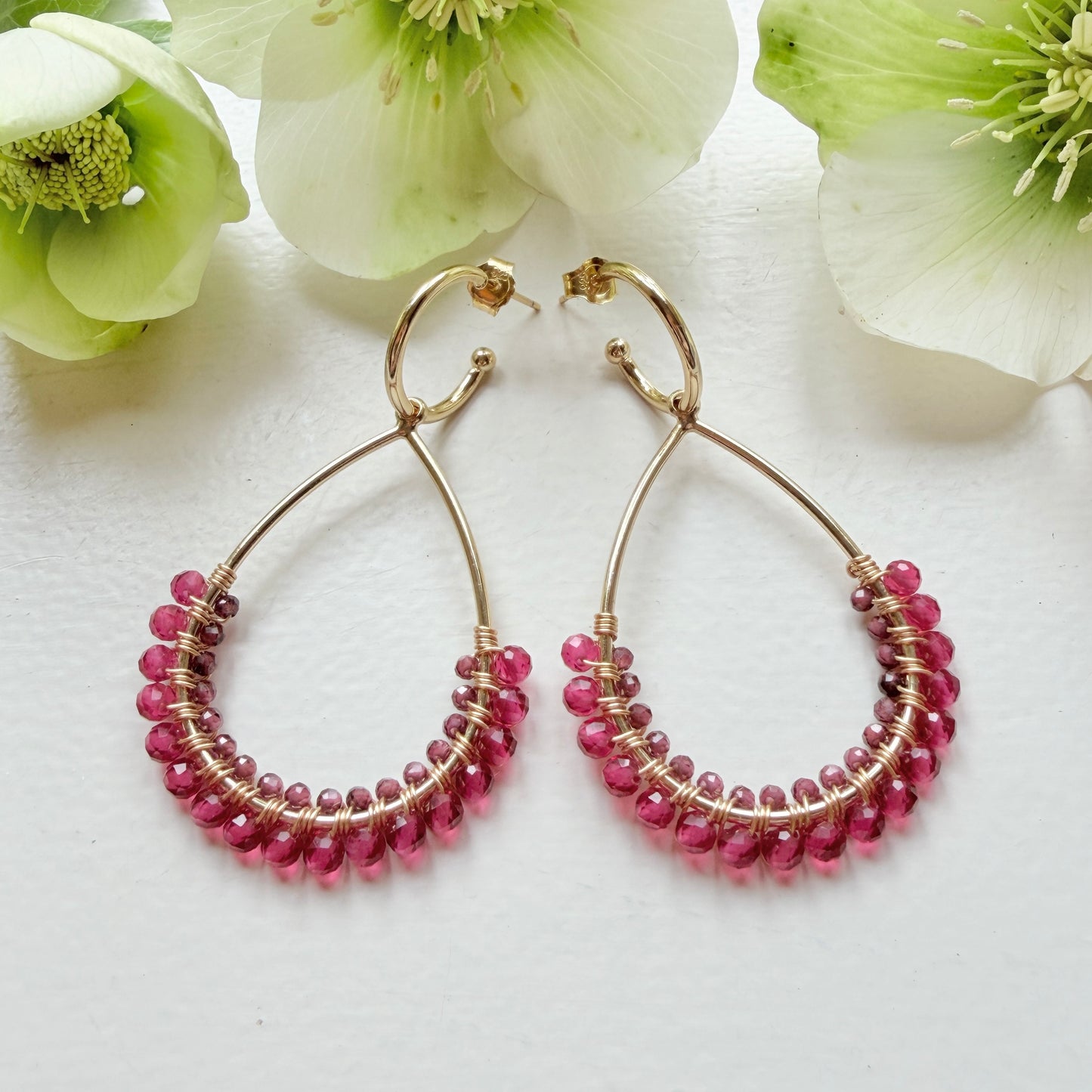 Fuchsia Pink & Burgundy Garnet 1/2 Teardrop Earrings On Hoops