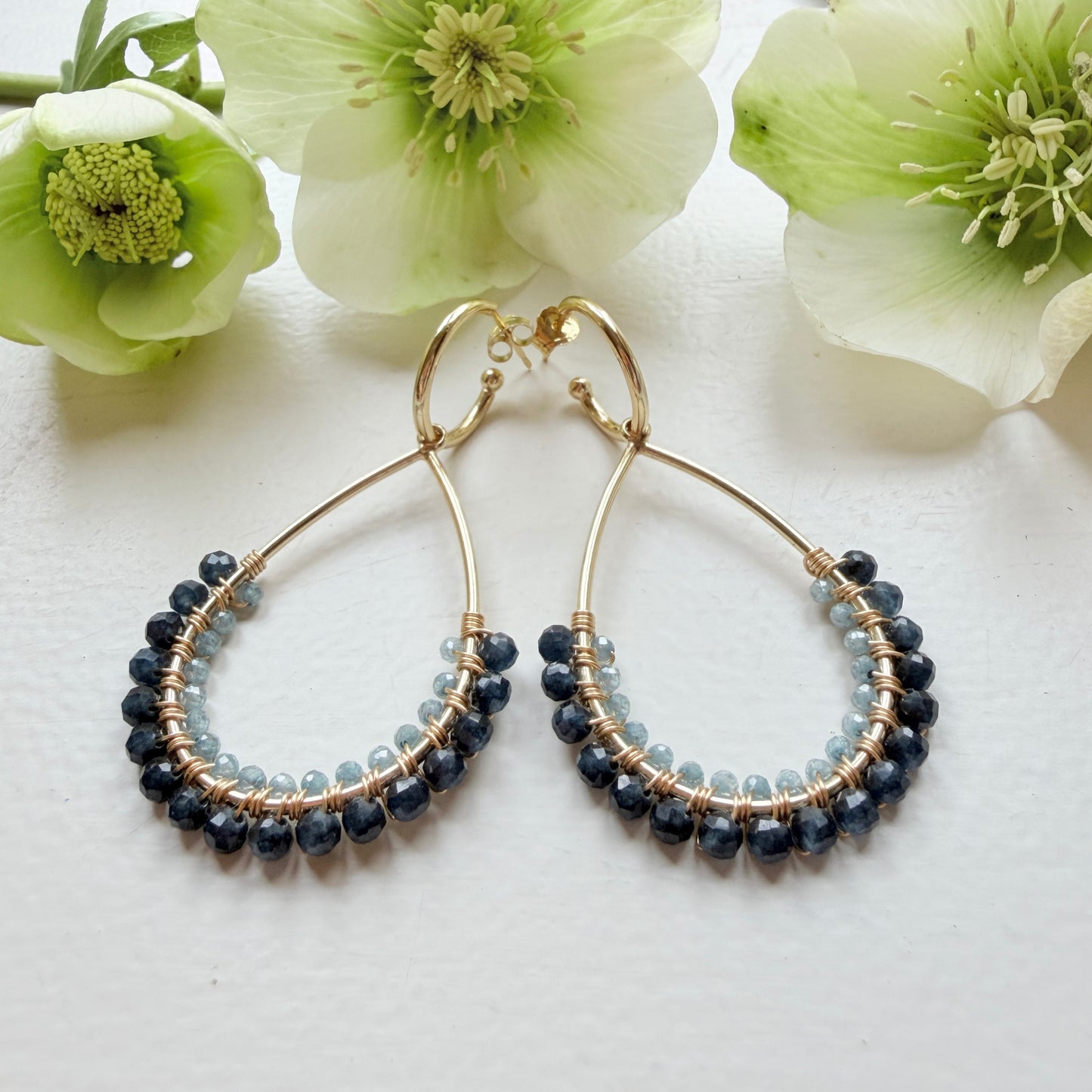 Dark Denim Iolite & Pale Denim Azurite 1/2 Teardrop Earrings On Hoops